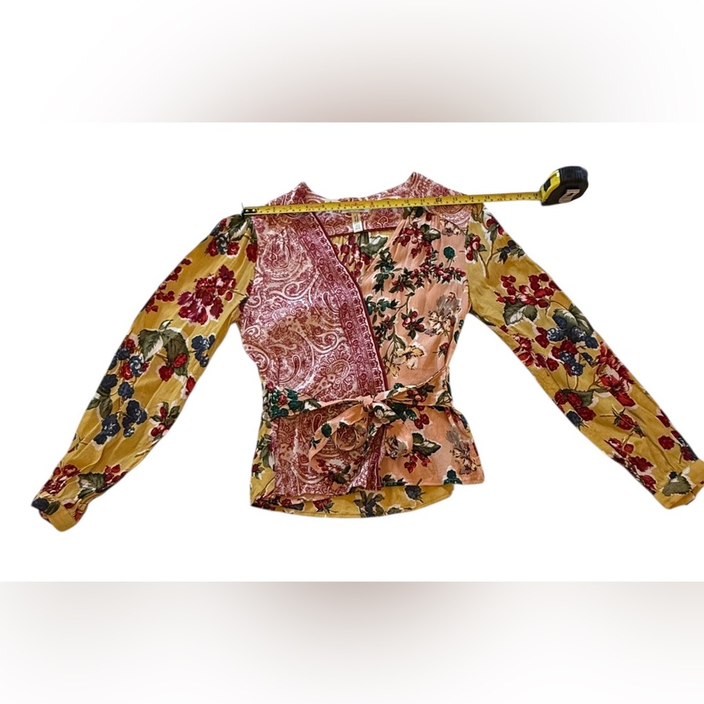 Anthropologie Meadow Rue Floral Patchwork Wrap Blouse - Yellow, Pink, Black - Picture 10 of 16